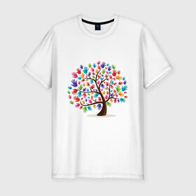 Мужская футболка хлопок Slim с принтом Дерево листья ладошка в Новосибирске, 92% хлопок, 8% лайкра | приталенный силуэт, круглый вырез ворота, длина до линии бедра, короткий рукав | дерево | детский | ладошки | листья | мир | отпечатки | природа | рисунок | руки | символ