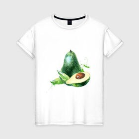 Женская футболка хлопок с принтом акварельное авокадо в Новосибирске, 100% хлопок | прямой крой, круглый вырез горловины, длина до линии бедер, слегка спущенное плечо | авокадо | акварель | брызги | веган | вегетарианец | здоровье | зож | правильное питание | рисунок