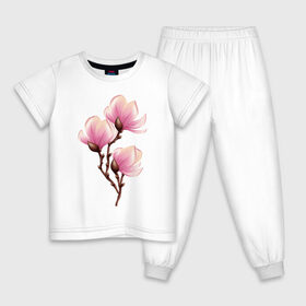 Детская пижама хлопок с принтом ветка магнолии в цвету в Новосибирске, 100% хлопок |  брюки и футболка прямого кроя, без карманов, на брюках мягкая резинка на поясе и по низу штанин
 | Тематика изображения на принте: весна | ветка | веточка | женственно | жизнь | магнолия | нежно | розовый | цвет | цветет | цветы