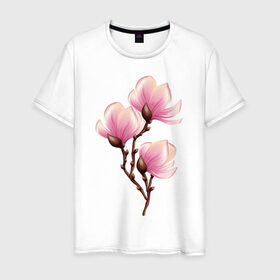 Мужская футболка хлопок с принтом ветка магнолии в цвету в Новосибирске, 100% хлопок | прямой крой, круглый вырез горловины, длина до линии бедер, слегка спущенное плечо. | весна | ветка | веточка | женственно | жизнь | магнолия | нежно | розовый | цвет | цветет | цветы