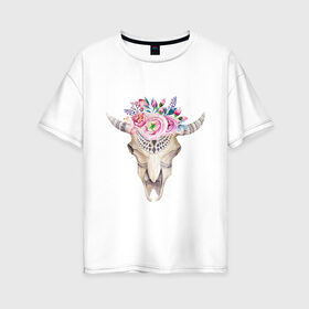Женская футболка хлопок Oversize с принтом Черепушка с цветочками в Новосибирске, 100% хлопок | свободный крой, круглый ворот, спущенный рукав, длина до линии бедер
 | акварель | весна | животные | жизнь продолжается | магия | рисунок | ритуал | цветы | череп | эзотерика