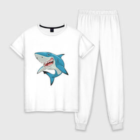 Женская пижама хлопок с принтом акула злая в Новосибирске, 100% хлопок | брюки и футболка прямого кроя, без карманов, на брюках мягкая резинка на поясе и по низу штанин | акула | злая | зубы | море | океан | опасность | пасть | природа | рисунок | рыба