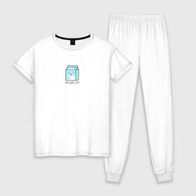 Женская пижама хлопок с принтом Kawaii milk в Новосибирске, 100% хлопок | брюки и футболка прямого кроя, без карманов, на брюках мягкая резинка на поясе и по низу штанин | Тематика изображения на принте: kawaii milk | еда | иероглифы | кавайное молоко | милый | япония