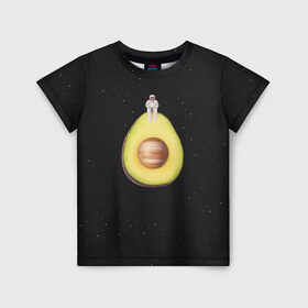 Детская футболка 3D с принтом Космокадо в Новосибирске, 100% гипоаллергенный полиэфир | прямой крой, круглый вырез горловины, длина до линии бедер, чуть спущенное плечо, ткань немного тянется | avocado | drift | drifting | fruits | galaxy | milky | moon | planet | plant | ship | space | spaceship | star | suit | to | way | авокадо | галактика | звезда | корабль | космический | космонавт | космос | луна | млечный | планета | путь | растение | ска