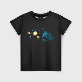 Детская футболка 3D с принтом Космическая угроза в Новосибирске, 100% гипоаллергенный полиэфир | прямой крой, круглый вырез горловины, длина до линии бедер, чуть спущенное плечо, ткань немного тянется | Тематика изображения на принте: angler | deep | galaxy | milky | moon | planet | sea | ship | space | spaceship | star | suit | surfing | travel | way | галактика | глубоководный | звезда | корабль | космический | космонавт | космос | луна | млечный | планета | путешествие | путь