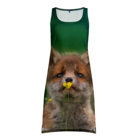Платье-майка 3D с принтом Лисенок нюхает цветок в Новосибирске, 100% полиэстер | полуприлегающий силуэт, широкие бретели, круглый вырез горловины, удлиненный подол сзади. | fox | foxy | животное | звери | лиса | лисенок | лисичка | милая | рыжая | фокс