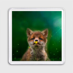 Магнит 55*55 с принтом Лисенок нюхает цветок в Новосибирске, Пластик | Размер: 65*65 мм; Размер печати: 55*55 мм | fox | foxy | животное | звери | лиса | лисенок | лисичка | милая | рыжая | фокс