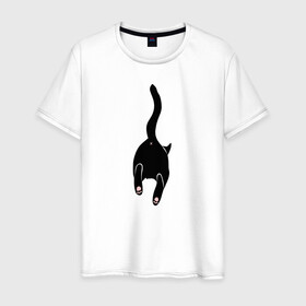 Мужская футболка хлопок с принтом Убегающий кот в Новосибирске, 100% хлопок | прямой крой, круглый вырез горловины, длина до линии бедер, слегка спущенное плечо. | Тематика изображения на принте: animals | cat | kitty | meow | животные | звери | киса | киска | кот | котенок | кошак | кошачьи лапки | лапки | милые создания | минимализм | мультяшный | мур | мяу | питомец | попка котика | прыжок | рисунок