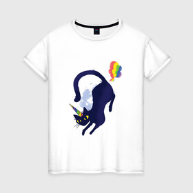 Женская футболка хлопок с принтом Кот Единорог в космосе в Новосибирске, 100% хлопок | прямой крой, круглый вырез горловины, длина до линии бедер, слегка спущенное плечо | cat | creepy | cringe | cute | fart | farts | fly | fly away | funny | horn | rainbow | rocket | unicorn | unicorns | котик | кошка | летит | луна | лунный | милый | пегас | пони | прикол | пук | пукает | радуга | рог | смешной | улетает | уп