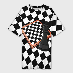 Платье-футболка 3D с принтом Шахматы в Новосибирске,  |  | abstrakt | black | chess | king | queen | texture | white | абстракция | геометрия | доска | клетка | конь | королева | король | паттерн | полигоны | ромб | текстура | ферзь | фигуры | ход королевы | шахматы