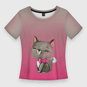 Женская футболка 3D Slim с принтом кошечка с бантиком в Новосибирске,  |  | акварель | бабочка | бантик | киска | котенок | кошечка. киса | кошка | краска | рисунок