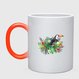 Кружка хамелеон с принтом попугай ара в цветах в Новосибирске, керамика | меняет цвет при нагревании, емкость 330 мл | ара | лето | листья | попугай | птица | тропики | цветы | экзотика