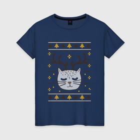 Женская футболка хлопок с принтом Рождественский свитер с котом в Новосибирске, 100% хлопок | прямой крой, круглый вырез горловины, длина до линии бедер, слегка спущенное плечо | food | mandarins | mem | meme | new year | sweater | ugly | в слюнявчике | еда | жрать | жрац | кот | котяра | кушац | кушот | мем | мем с котом | мемы | неси | новый год | оливье | прикол | рождество | свитер | слюнявчик