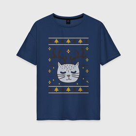 Женская футболка хлопок Oversize с принтом Рождественский свитер с котом в Новосибирске, 100% хлопок | свободный крой, круглый ворот, спущенный рукав, длина до линии бедер
 | food | mandarins | mem | meme | new year | sweater | ugly | в слюнявчике | еда | жрать | жрац | кот | котяра | кушац | кушот | мем | мем с котом | мемы | неси | новый год | оливье | прикол | рождество | свитер | слюнявчик