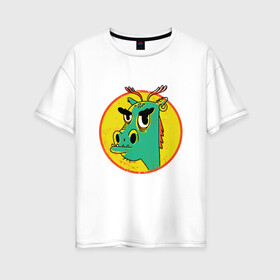Женская футболка хлопок Oversize с принтом Зеленый дракон в стиле ретро в Новосибирске, 100% хлопок | свободный крой, круглый ворот, спущенный рукав, длина до линии бедер
 | cartoon | cringe | crush | cute | dragon | fashion | hipster | merch | retro | vintage | винтаж | драго | дракон мерч | краш | кринж | мерч | милота | мультфильм | потертости | прикол | пятна | сережка | серьга | стиль | трещины | упоротый | 