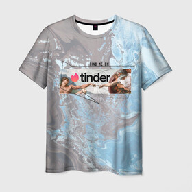 Мужская футболка 3D с принтом Find me on Tinder | Тиндер в Новосибирске, 100% полиэфир | прямой крой, круглый вырез горловины, длина до линии бедер | find | me | on | tinder | адама | геометрия | живопись | знакомства | искусство | ищи | картина | меня | на | сотворение | тиндер | тиндере