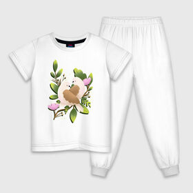 Детская пижама хлопок с принтом Couple of birds в Новосибирске, 100% хлопок |  брюки и футболка прямого кроя, без карманов, на брюках мягкая резинка на поясе и по низу штанин
 | 8 марта | girl | woman | бабушка | весна | девушкам | девушке | девушки | женский | листья | мама | март | пионы | подарок | тренд | цветочки | цветы