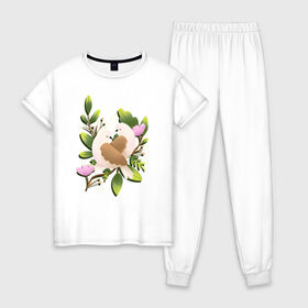 Женская пижама хлопок с принтом Couple of birds в Новосибирске, 100% хлопок | брюки и футболка прямого кроя, без карманов, на брюках мягкая резинка на поясе и по низу штанин | 8 марта | girl | woman | бабушка | весна | девушкам | девушке | девушки | женский | листья | мама | март | пионы | подарок | тренд | цветочки | цветы