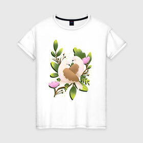 Женская футболка хлопок с принтом Couple of birds в Новосибирске, 100% хлопок | прямой крой, круглый вырез горловины, длина до линии бедер, слегка спущенное плечо | 8 марта | girl | woman | бабушка | весна | девушкам | девушке | девушки | женский | листья | мама | март | пионы | подарок | тренд | цветочки | цветы