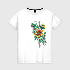 Женская футболка хлопок с принтом Sunflower в Новосибирске, 100% хлопок | прямой крой, круглый вырез горловины, длина до линии бедер, слегка спущенное плечо | 8 марта | girl | woman | бабушка | весна | девушкам | девушке | девушки | женский | листья | мама | март | пионы | подарок | тренд | цветочки | цветы