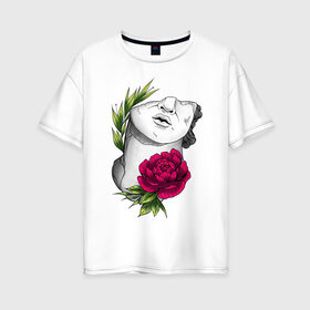 Женская футболка хлопок Oversize с принтом Head of david in flowers в Новосибирске, 100% хлопок | свободный крой, круглый ворот, спущенный рукав, длина до линии бедер
 | Тематика изображения на принте: 8 марта | girl | woman | бабушка | весна | девушкам | девушке | девушки | женский | листья | мама | март | пионы | подарок | тренд | цветочки | цветы