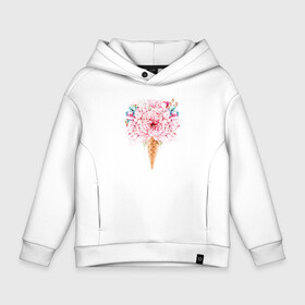 Детское худи Oversize хлопок с принтом Flowers ice cream в Новосибирске, френч-терри — 70% хлопок, 30% полиэстер. Мягкий теплый начес внутри —100% хлопок | боковые карманы, эластичные манжеты и нижняя кромка, капюшон на магнитной кнопке | Тематика изображения на принте: 8 марта | girl | woman | бабушка | весна | девушкам | девушке | девушки | женский | листья | мама | март | пионы | подарок | тренд | цветочки | цветы