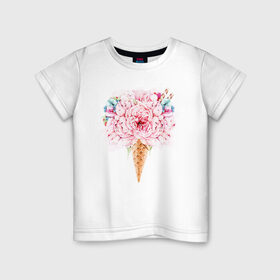 Детская футболка хлопок с принтом Flowers ice cream в Новосибирске, 100% хлопок | круглый вырез горловины, полуприлегающий силуэт, длина до линии бедер | 8 марта | girl | woman | бабушка | весна | девушкам | девушке | девушки | женский | листья | мама | март | пионы | подарок | тренд | цветочки | цветы