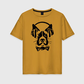 Женская футболка хлопок Oversize с принтом Меломан в Новосибирске, 100% хлопок | свободный крой, круглый ворот, спущенный рукав, длина до линии бедер
 | животные | звери | меломан | музыка | наушники | пес | подарок | силуэт | собака | собаки | черный