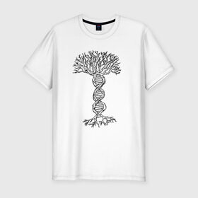 Мужская футболка хлопок Slim с принтом ДНК Дерево DNA Tree в Новосибирске, 92% хлопок, 8% лайкра | приталенный силуэт, круглый вырез ворота, длина до линии бедра, короткий рукав | art | barber | fashion | hipster | hipster merch | landscape | retro | spring | vegan | vintage | барбер | веган | вегетарианец | весна | винтаж | древо | корни | крона | культура | пейзаж | природа | ретро | рисунок | ствол | философия | х