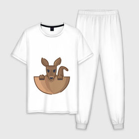 Мужская пижама хлопок с принтом Кенгуренок в сумке в Новосибирске, 100% хлопок | брюки и футболка прямого кроя, без карманов, на брюках мягкая резинка на поясе и по низу штанин
 | Тематика изображения на принте: animals | australia | baby | bag | cute | ears | eyes | jump | kangaroo | leap | mother | nose | paws | pocket | sack | shadow | tail | австралия | глаза | детеныш | животные | карман | кенгуренок | кенгуру | лапы | мама | мешок | милый | нос | няшный | п