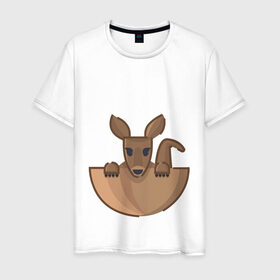 Мужская футболка хлопок с принтом Кенгуренок в сумке в Новосибирске, 100% хлопок | прямой крой, круглый вырез горловины, длина до линии бедер, слегка спущенное плечо. | Тематика изображения на принте: animals | australia | baby | bag | cute | ears | eyes | jump | kangaroo | leap | mother | nose | paws | pocket | sack | shadow | tail | австралия | глаза | детеныш | животные | карман | кенгуренок | кенгуру | лапы | мама | мешок | милый | нос | няшный | п