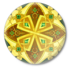 Значок с принтом Золотой клевер в Новосибирске,  металл | круглая форма, металлическая застежка в виде булавки | золото | кельтский узор | клевер | подарки | узор