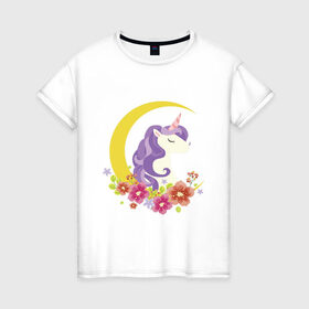 Женская футболка хлопок с принтом единорог полумесяц цветы в Новосибирске, 100% хлопок | прямой крой, круглый вырез горловины, длина до линии бедер, слегка спущенное плечо | грива | детский | добрый | единорог | лошадка | луна | месяц | полумесяц | пони | портрет | радужный | рисунок | цветы