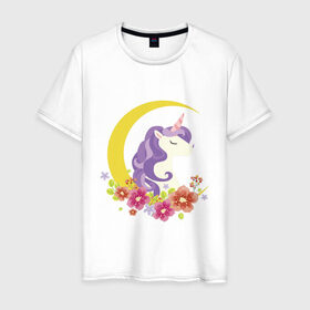 Мужская футболка хлопок с принтом единорог полумесяц цветы в Новосибирске, 100% хлопок | прямой крой, круглый вырез горловины, длина до линии бедер, слегка спущенное плечо. | грива | детский | добрый | единорог | лошадка | луна | месяц | полумесяц | пони | портрет | радужный | рисунок | цветы