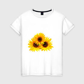 Женская футболка хлопок с принтом Подсолнухи в Новосибирске, 100% хлопок | прямой крой, круглый вырез горловины, длина до линии бедер, слегка спущенное плечо | желтый | лето | оранжевый | подсолнухи | рубэкия | румбекия | солнце | цветы | ярко