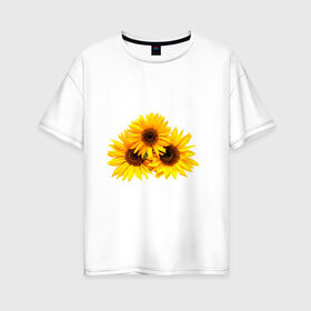 Женская футболка хлопок Oversize с принтом Подсолнухи в Новосибирске, 100% хлопок | свободный крой, круглый ворот, спущенный рукав, длина до линии бедер
 | желтый | лето | оранжевый | подсолнухи | рубэкия | румбекия | солнце | цветы | ярко