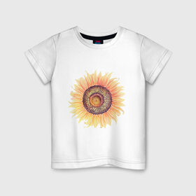 Детская футболка хлопок с принтом большой подсолнух рисунок в Новосибирске, 100% хлопок | круглый вырез горловины, полуприлегающий силуэт, длина до линии бедер | акварель | желтый | краска | лето | оранжевый | подсолнухи | рисунок | рубэкия | румбекия | солнце | цветы | ярко