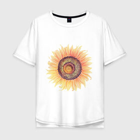 Мужская футболка хлопок Oversize с принтом большой подсолнух рисунок в Новосибирске, 100% хлопок | свободный крой, круглый ворот, “спинка” длиннее передней части | Тематика изображения на принте: акварель | желтый | краска | лето | оранжевый | подсолнухи | рисунок | рубэкия | румбекия | солнце | цветы | ярко