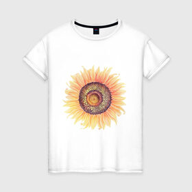 Женская футболка хлопок с принтом большой подсолнух рисунок в Новосибирске, 100% хлопок | прямой крой, круглый вырез горловины, длина до линии бедер, слегка спущенное плечо | акварель | желтый | краска | лето | оранжевый | подсолнухи | рисунок | рубэкия | румбекия | солнце | цветы | ярко