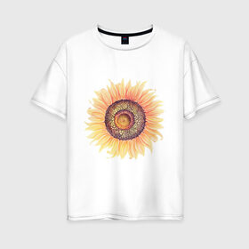 Женская футболка хлопок Oversize с принтом большой подсолнух рисунок в Новосибирске, 100% хлопок | свободный крой, круглый ворот, спущенный рукав, длина до линии бедер
 | акварель | желтый | краска | лето | оранжевый | подсолнухи | рисунок | рубэкия | румбекия | солнце | цветы | ярко