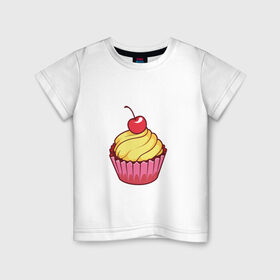 Детская футболка хлопок с принтом кекс с вишней в Новосибирске, 100% хлопок | круглый вырез горловины, полуприлегающий силуэт, длина до линии бедер | вишенка | вишня | вкусняшка | десерт | еда | желтый | кекс | кексик | крем | нямка | праздник | розовый | сладости | торт | тортик