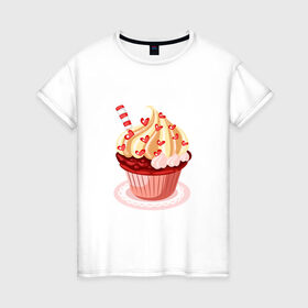Женская футболка хлопок с принтом кекс сердечки вкуснота в Новосибирске, 100% хлопок | прямой крой, круглый вырез горловины, длина до линии бедер, слегка спущенное плечо | вишенка | вкуснотя | вкусняшка | десерт | еда | кекс | кексик | крем | ням | праздник | сладости | торт | тортик