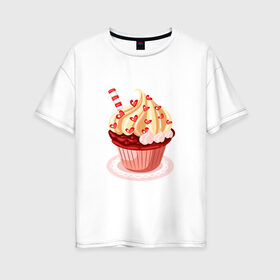 Женская футболка хлопок Oversize с принтом кекс сердечки вкуснота в Новосибирске, 100% хлопок | свободный крой, круглый ворот, спущенный рукав, длина до линии бедер
 | вишенка | вкуснотя | вкусняшка | десерт | еда | кекс | кексик | крем | ням | праздник | сладости | торт | тортик