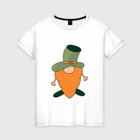 Женская футболка хлопок с принтом Гном - День святого Патрика в Новосибирске, 100% хлопок | прямой крой, круглый вырез горловины, длина до линии бедер, слегка спущенное плечо | борода | гном | день святого патрика | зеленый | ирландия | лепрекон | мультяшный | оранжевый | патрик | подарок | символ | смешной | фэнтези | шляпа