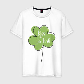 Мужская футболка хлопок с принтом День святого Патрика - Kiss me в Новосибирске, 100% хлопок | прямой крой, круглый вырез горловины, длина до линии бедер, слегка спущенное плечо. | kiss me i am irish | день святого патрика | зеленый | ирландия | клевер | листик | мультяшный | на английском | надпись | патрик | подарок | прикол | символ