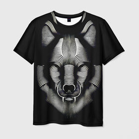 Мужская футболка 3D с принтом Волк из волнистых линий в Новосибирске, 100% полиэфир | прямой крой, круглый вырез горловины, длина до линии бедер | Тематика изображения на принте: wolf | волк | волчара | живность | животное | охотник | следопыт | хищник