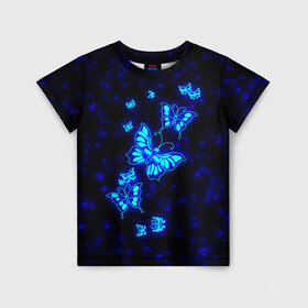 Детская футболка 3D с принтом Неоновые бабочки в Новосибирске, 100% гипоаллергенный полиэфир | прямой крой, круглый вырез горловины, длина до линии бедер, чуть спущенное плечо, ткань немного тянется | Тематика изображения на принте: butterfly | dream | fantasy | neon | space | stars | wings | бабочки | бабочки космос | блестящие | весна | вселенная | галактика | голубые бабочки | девочкам | девушкам | звезды | космические | космос | крыя | лето
