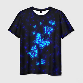 Мужская футболка 3D с принтом Неоновые бабочки в Новосибирске, 100% полиэфир | прямой крой, круглый вырез горловины, длина до линии бедер | butterfly | dream | fantasy | neon | space | stars | wings | бабочки | бабочки космос | блестящие | весна | вселенная | галактика | голубые бабочки | девочкам | девушкам | звезды | космические | космос | крыя | лето