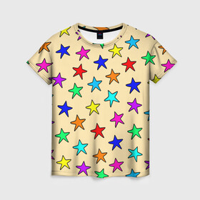 Женская футболка 3D с принтом Детские звезды на песке в Новосибирске, 100% полиэфир ( синтетическое хлопкоподобное полотно) | прямой крой, круглый вырез горловины, длина до линии бедер | baby | colorfull | disco | kids | stars | девочкам | детские рисунки | детям | диско | звездочки | звезды | конфетти | лето | малыш | ночные | орнамент | песок | пляж | праздник | радужные | разноцветный узор