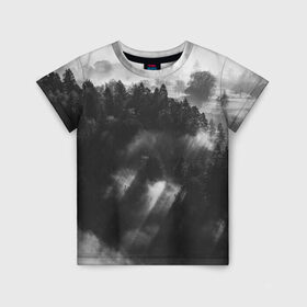 Детская футболка 3D с принтом Туман в лесу в Новосибирске, 100% гипоаллергенный полиэфир | прямой крой, круглый вырез горловины, длина до линии бедер, чуть спущенное плечо, ткань немного тянется | Тематика изображения на принте: tegunvteg | деревья | лес | листья | природа | темный лес | туман